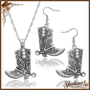 Western Cowgirl Boot Earrings Necklace Set with Crystal Details